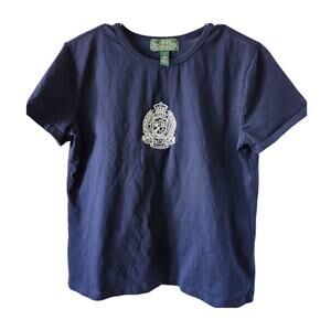 Vintage Ralph Lauren Large Active Blue Embroidered Crest Tee Shirt Embroidered